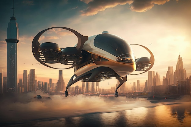 Helicóptero militar e civil do futuro em movimento em um estilo futurista no fundo da paisagem urbana Novas tecnologias cyberpunk arte de alta resolução inteligência artificial