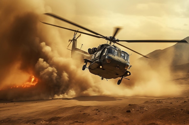 Un helicóptero militar genérico cruzando a través del fuego y el humo en el campo de batalla Generative Ai
