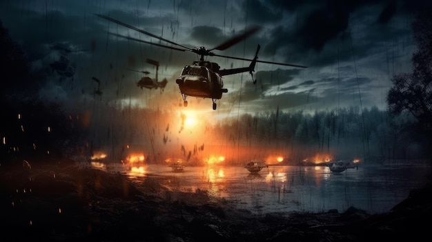 Helicóptero militar transporta soldados