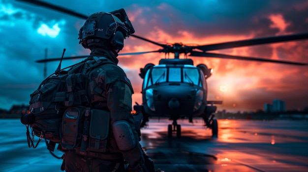 Foto un helicóptero militar con una unidad de operaciones especiales con equipo táctico negro delante de él iluminación dramática azul y naranja tono ultra alta definición 8k ai generativo