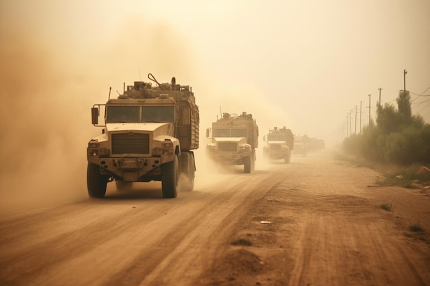 Helicóptero militar y vehículos del ejército que vuelan y conducen entrando en el humo y la guerra