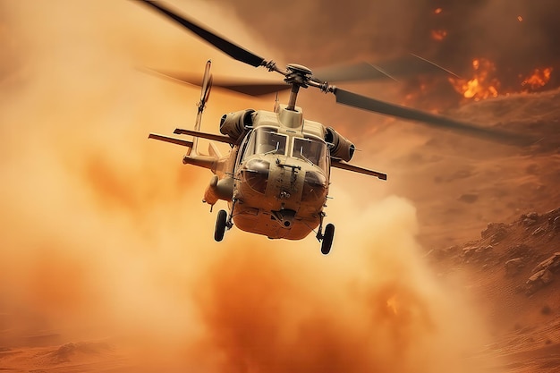 Helicóptero militar voa pelo deserto em meio a fogo e fumaça