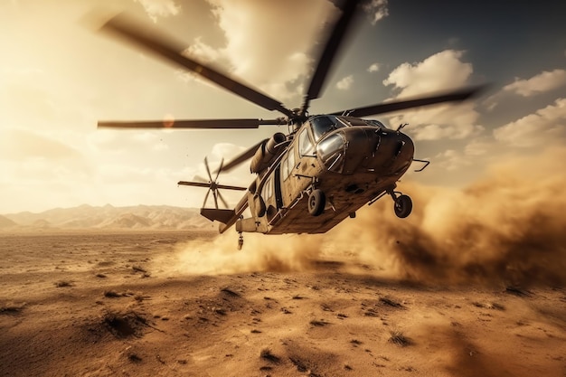 Helicóptero militar voando sobre o deserto Renderização 3D Foco seletivo Helicópteros no deserto Cena militar renderização 3D Helicôpteros de ataque voando em uma zona de guerra e atirando AI Gerado