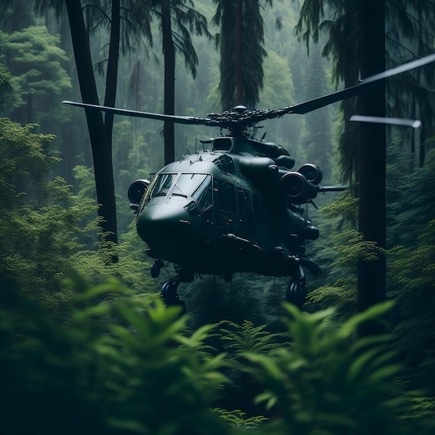 Helicóptero militar voando sobre uma floresta verde ou selva Generative AI