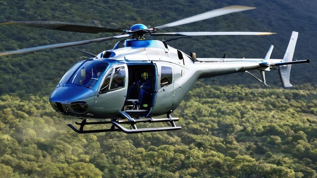 Foto helicóptero moderno com janelas transparentes limpas voando sobre a natureza da floresta