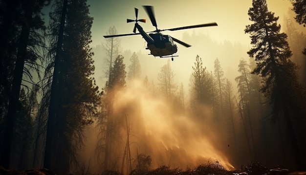 Helicóptero pairando no ar transportando bombeiros para incêndio florestal gerado por IA