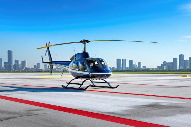 Helicóptero privado no heliporto com um horizonte azul claro