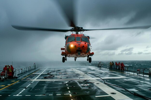 Foto un helicóptero que está volando sobre un barco