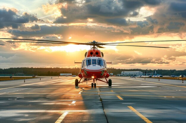 Foto helicóptero de rescate aterrizando en el fondo de la puesta de sol