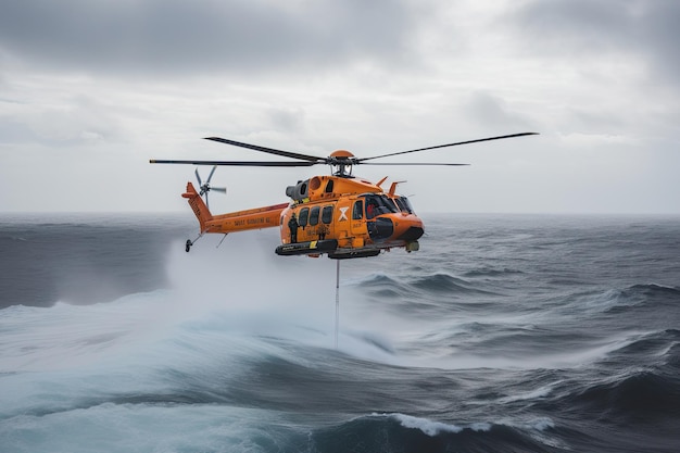 Helicóptero de rescate de emergencia sobrevuela la superficie del mar Creado con IA generativa