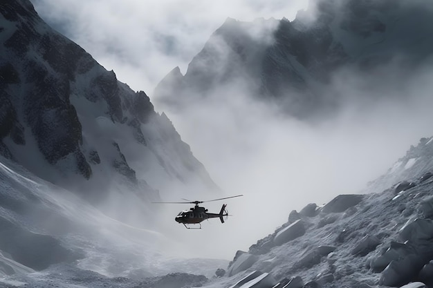 Helicóptero de rescate volando en un paisaje nevado Red neuronal IA generada
