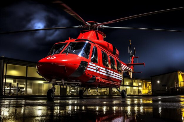 un helicóptero rojo con el número 4 en el costado