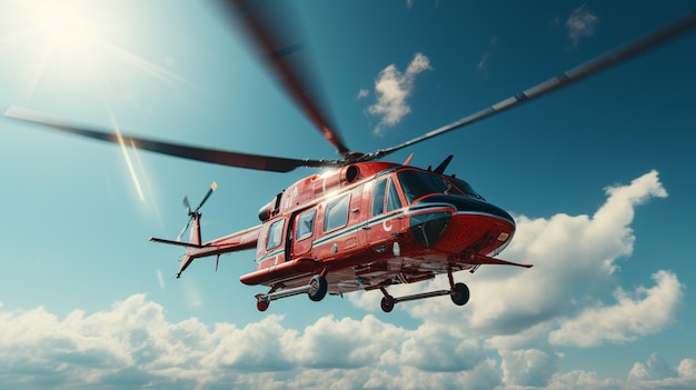 un helicóptero rojo volando en un cielo azul claro