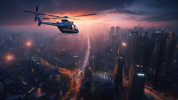 Helicóptero sobre la ciudad de noche