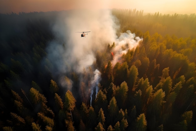 Helicóptero sobrevoa tiro aéreo de incêndio florestal Fumaça acima das árvores Generative AI