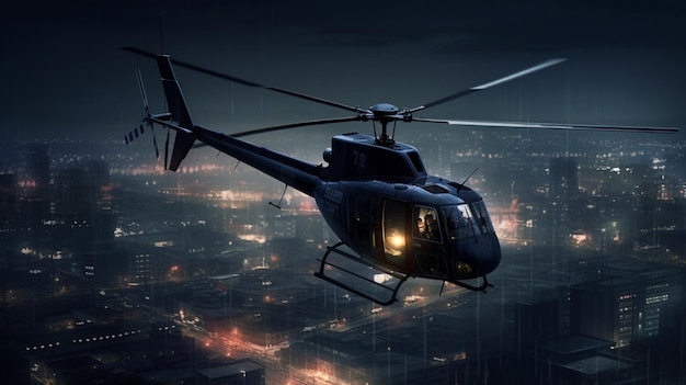Helicóptero sobrevoando a cidade à noite