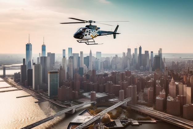 Helicóptero sobrevoando a cidade com vista para arranha-céus e pontes criadas com IA generativa