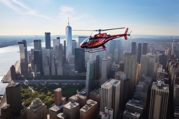 Helicóptero sobrevoando a cidade com vista para arranha-céus e pontes criadas com ia generativa