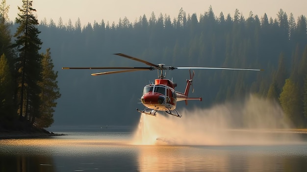 Un helicóptero sobrevuela un lago con un bosque al fondo.