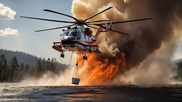 Helicóptero Torrencial Valor lutando contra o Inferno na Floresta com Cachoeira Aérea