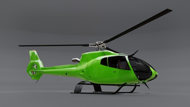 Helicóptero verde isolado no fundo cinza. Ilustração 3D.