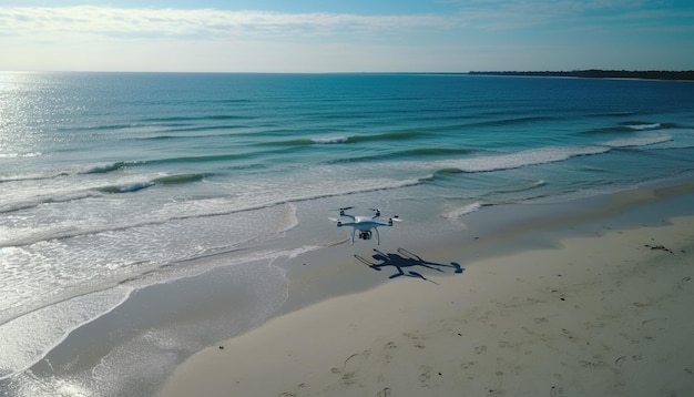 Helicóptero voador examina litoral tropical ao pôr do sol gerado por IA