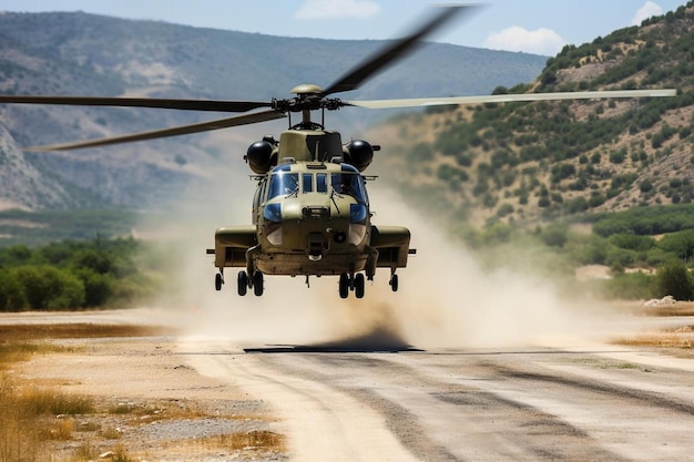 Foto un helicóptero está volando sobre un camino de tierra