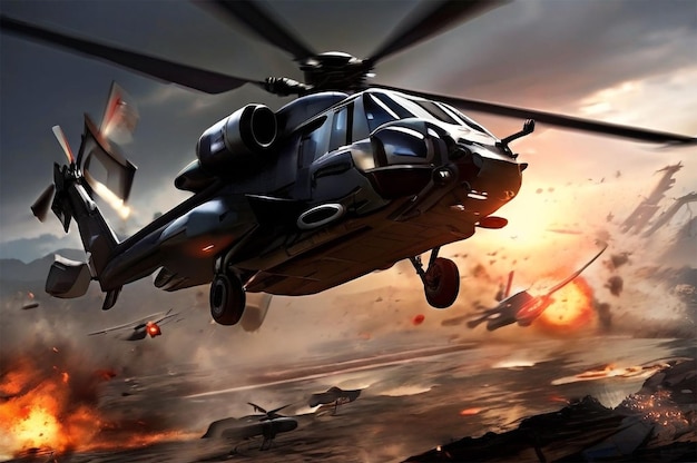 un helicóptero volando sobre un campo de aviones y un fuego en el cielo