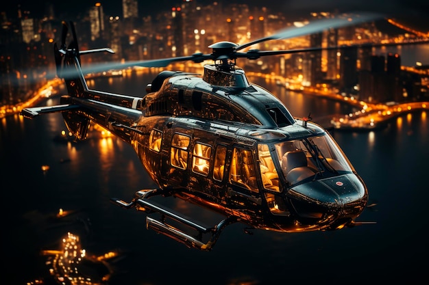 Foto helicóptero volando sobre la ciudad por la noche