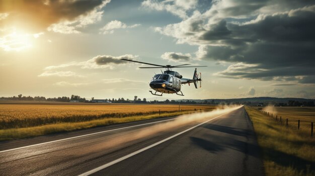 Helicóptero volando sobre los cultivos de hormigón pulido estilo Resolución 8k