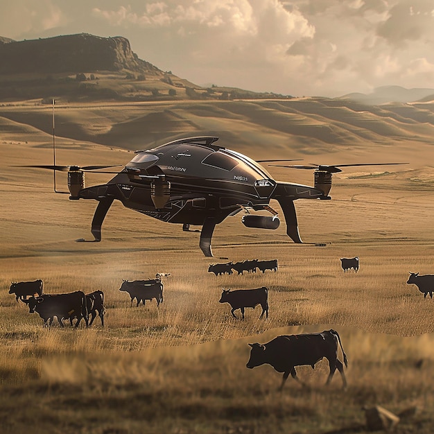 un helicóptero vuela sobre un campo con vacas