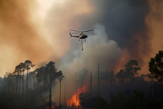 Helicóptero vuela sobre un claro en llamas en el bosque con humo saliendo de las llamas