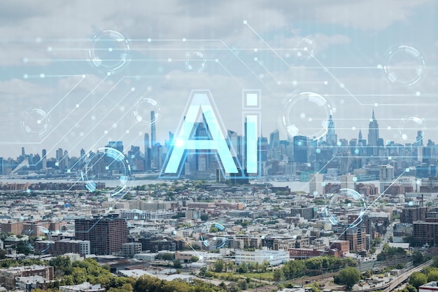 Helikopter-Luftaufnahme Midtown New York City aus dem Wohnviertel des Finanzviertels von Jersey City Konzept der künstlichen Intelligenz Hologramm KI maschinelles Lernen neuronale Netzwerkrobotik