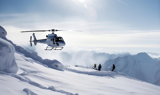 Helikopterabflug von Freeridern vom verschneiten Berggipfel. Erstellung mit generativen KI-Tools