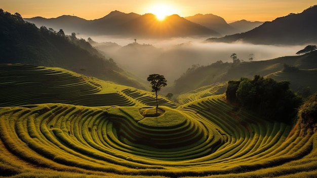 Foto heliocêntrico de mu cang chai um círculo redondo terraço colina de arroz sem casa yen bai vietnã