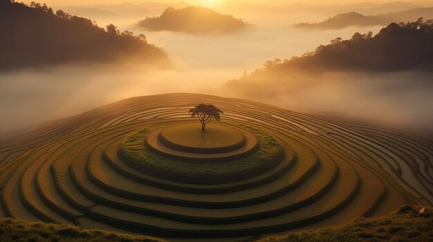 Foto heliocêntrico de mu cang chai um círculo redondo terraço colina de arroz sem casa yen bai vietnã