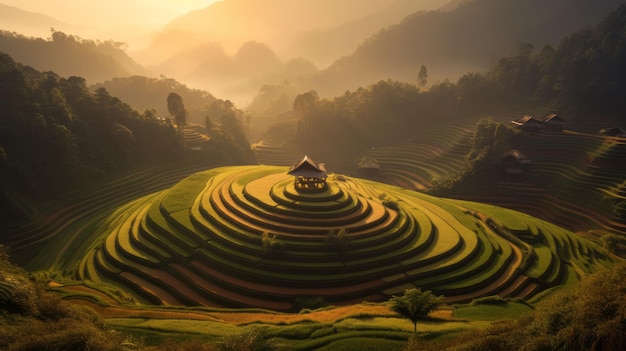 heliozentrisch von Mu Cang Chai ein runder Kreis mit Terrassen auf einem Reisberg ohne Haus Yen Bai Vietnam