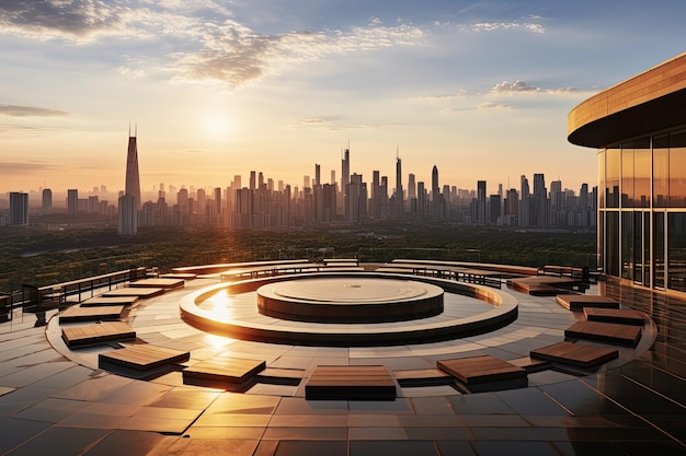 Helipad auf dem Dach eines hoch aufragenden Wolkenkratzers mit einem Panoramablick auf die Stadt und die umliegende Landschaft Der Helipad, der im warmen Sonnenuntergang mit goldener Uhrbeleuchtung gebadet wird