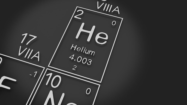 Helium im Periodensystem der Elemente auf schwarzem SchwarzgrundDie Geschichte der chemischen Elemente stellt die Ordnungszahl und das Symbol3d-Rendering dar