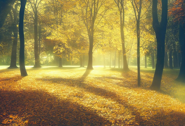 Hell erleuchtete Öffnung im Herbstpark goldener Nebel Sonnenlicht, das durch den mit gelben Blättern bedeckten Baumboden scheint Digitale Illustration basierend auf dem Rendern durch neuronale Netze