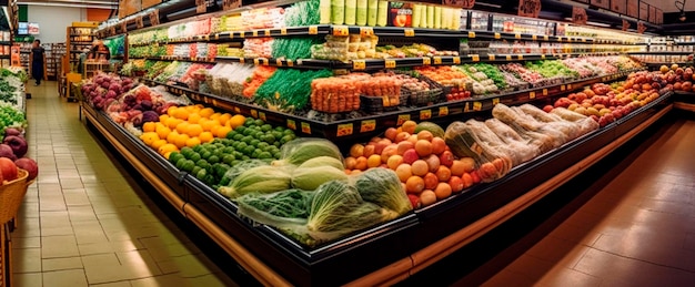 Hell erleuchteter Gang eines Lebensmittelgeschäfts im Supermarkt Generative KI