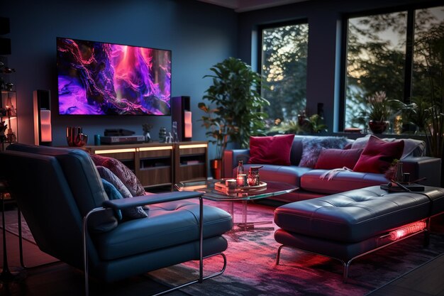 Hell erleuchtetes Wohnzimmer mit Großbildfernseher und Ledermöbeln mit generativer Klimaanlage