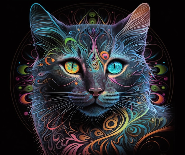 hell gefärbte Katze mit blauen Augen und wirbelndem Muster auf schwarzem Hintergrund generative ai
