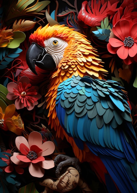 Hell gefärbter Papagei, der auf einem Ast sitzt, mit Blumen im Hintergrund, generative KI