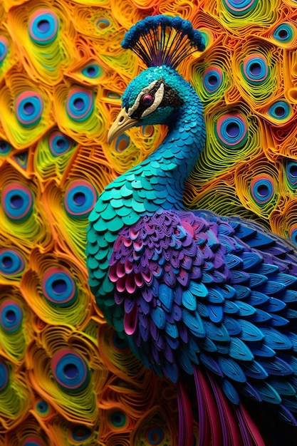 Hell gefärbter Pfau mit Federn in vielen Farben im Hintergrund, generative KI