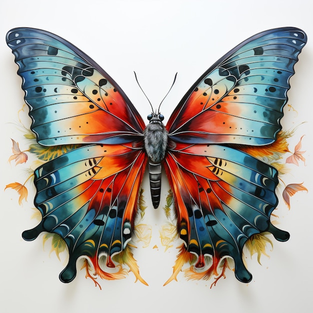 Hell gefärbter Schmetterling mit schwarzen Flecken und orangefarbenen Flügeln auf weißem Hintergrund, generative KI