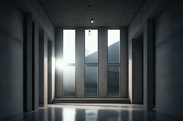 Hell leuchtender Raum mit hohen Fenstern in moderner Betonindustriearchitektur