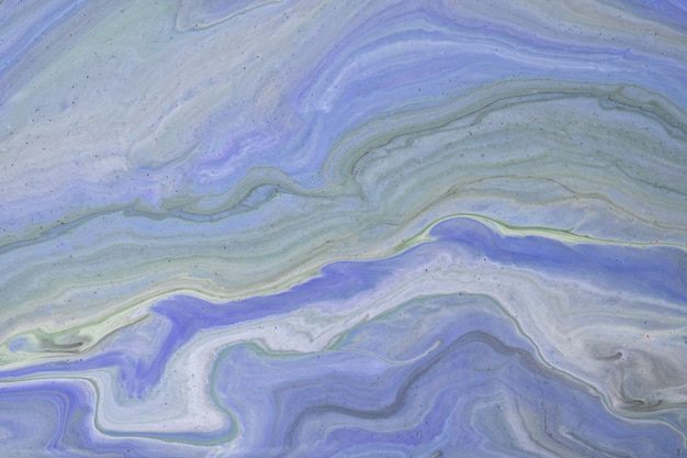 Hellblaue und graue Farben des abstrakten flüssigen Kunsthintergrundes. Flüssiger Marmor. Acrylmalerei mit Farbverlauf und Spritzer. Aquarellhintergrund mit wellenförmigem Muster. Stein marmorierter Abschnitt.