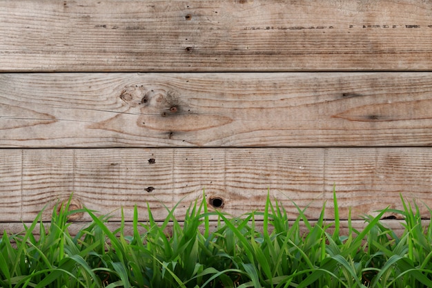 Foto hellbrauner hölzerner hintergrund mit grünem gras