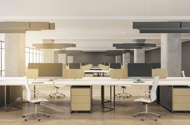 Helle Beton- und Holz-Coworking-Bürointerieur mit Panoramablick auf die Stadt Sonnenlicht Möbel Ausrüstung Tageslicht und Technologie Arbeitsplatz und Unternehmen Konzept 3D-Rendering